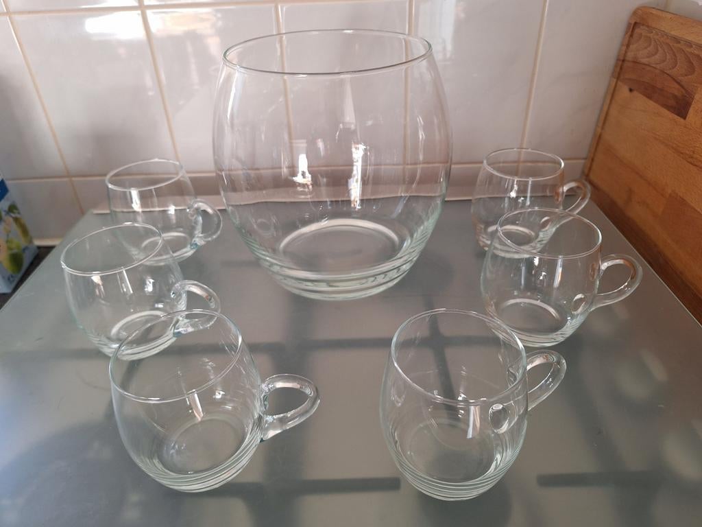Glazen punchkom met 6 glazen koppen, Huis en Inrichting, Ophalen, Overige typen, Effen, Glas