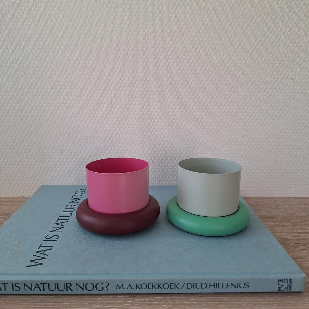 Gekleurde roze/groene Hema bloempotjes, Rond, Ophalen of Verzenden, Zo goed als nieuw, Metaal