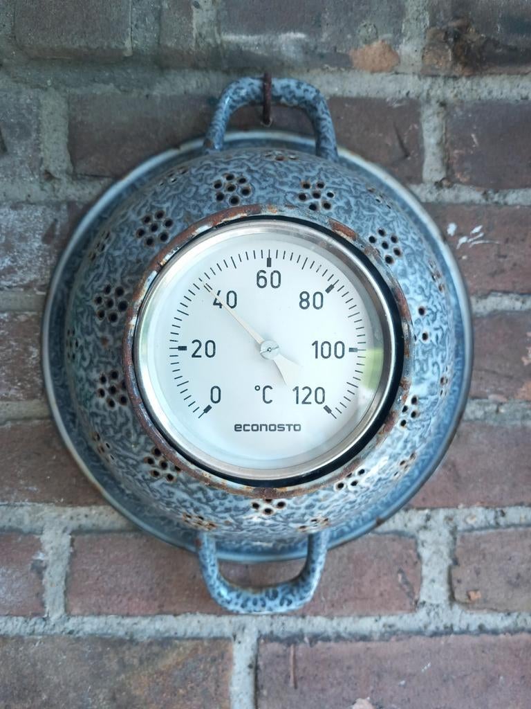Oude emaille vergiet met thermometer, Ophalen of Verzenden