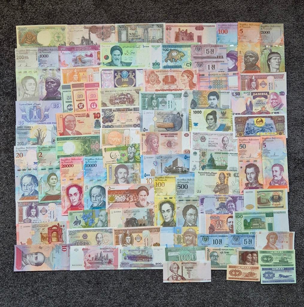Verzameling van 75 verschillende bankbiljetten UNC, Postzegels en Munten, Munten en Bankbiljetten | Verzamelingen, Ophalen of Verzenden