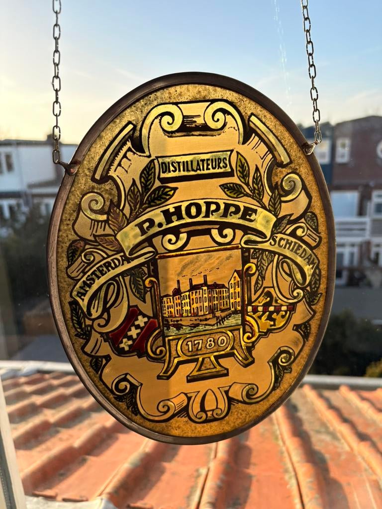 vintage glas-in-lood raamhanger P. Hoppe Distillateurs, Verzamelen, Glas en Borrelglaasjes, Ophalen of Verzenden, Nieuw
