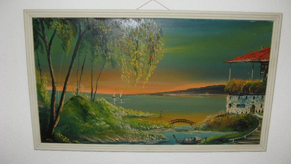 vintage schilderij Indonesisch Rivier gezicht 1969, Ophalen of Verzenden