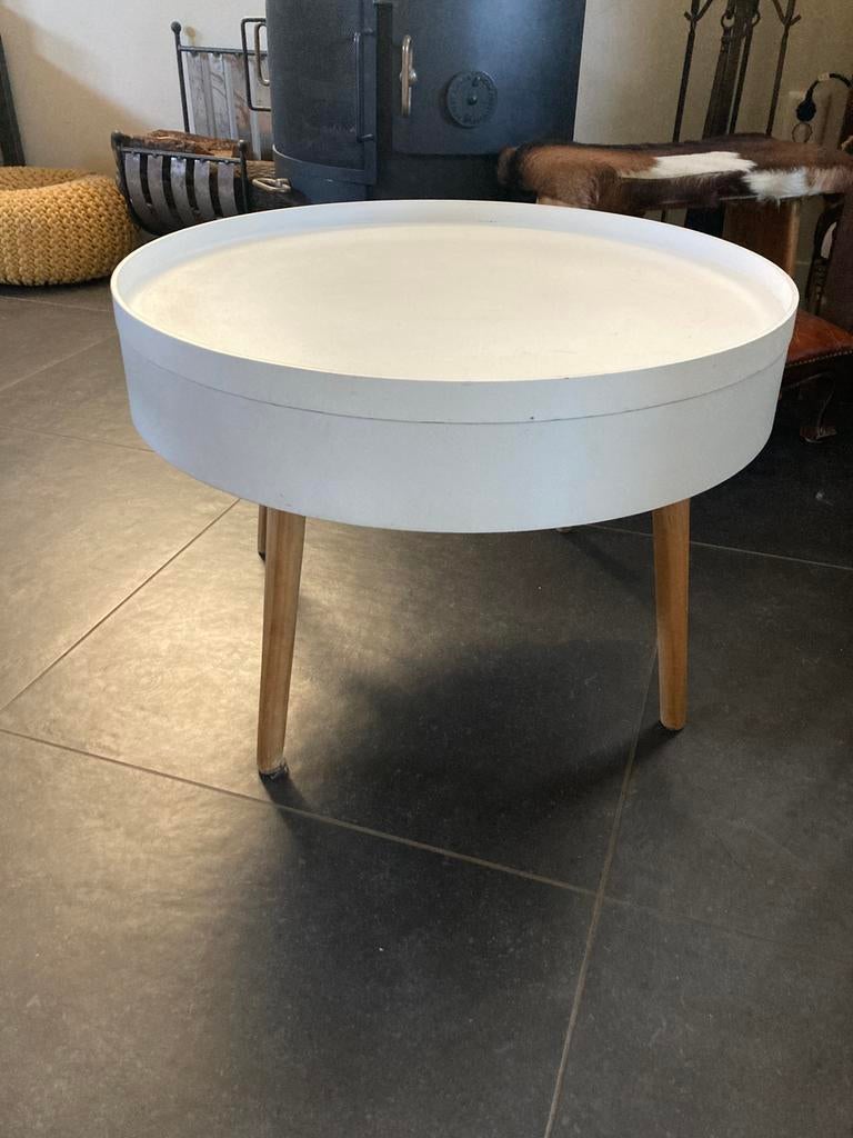 Bijzettafel salontafel rond met bergruimte, Ophalen, Overige materialen, Gebruikt, 50 tot 100 cm