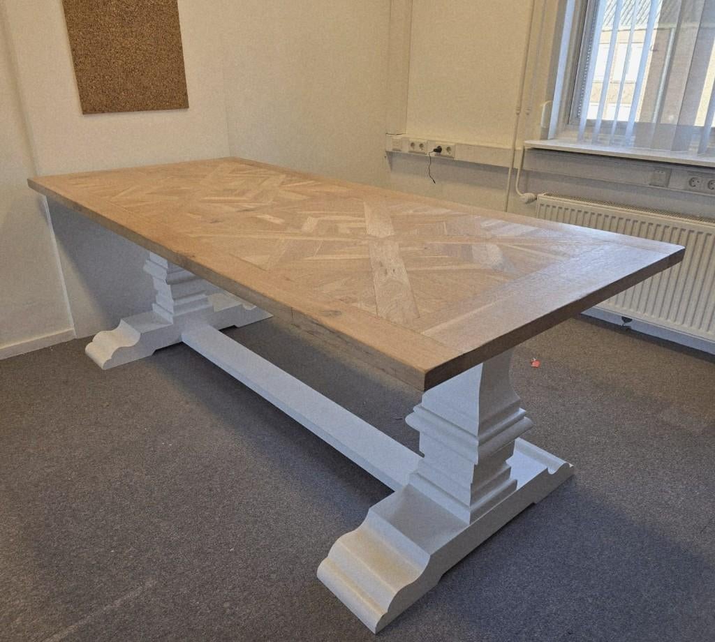 Massief eiken kloostertafel 220x100 IngelegdKasteelvloerblad, Ophalen, EigenMeubelmakerij, Eikenhout, 200 cm of meer