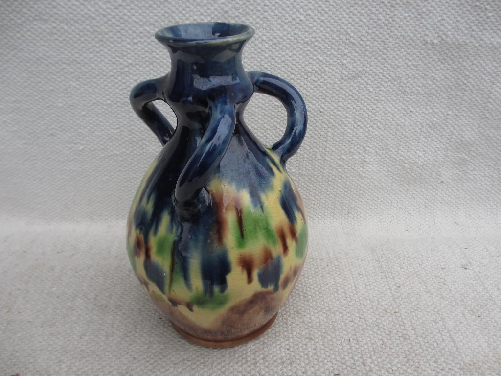 Belgisch art nouveau gedraaid 3 handvat druppel glazuur vaas, Antiek en Kunst, Antiek | Keramiek en Aardewerk, Ophalen of Verzenden