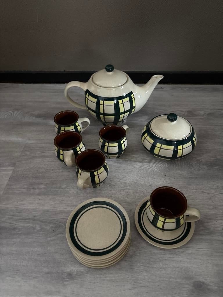 Vintage Thee Servies met Schots Ruit Patroon, Gebruikt, Ophalen of Verzenden, Overige stijlen, Aardewerk