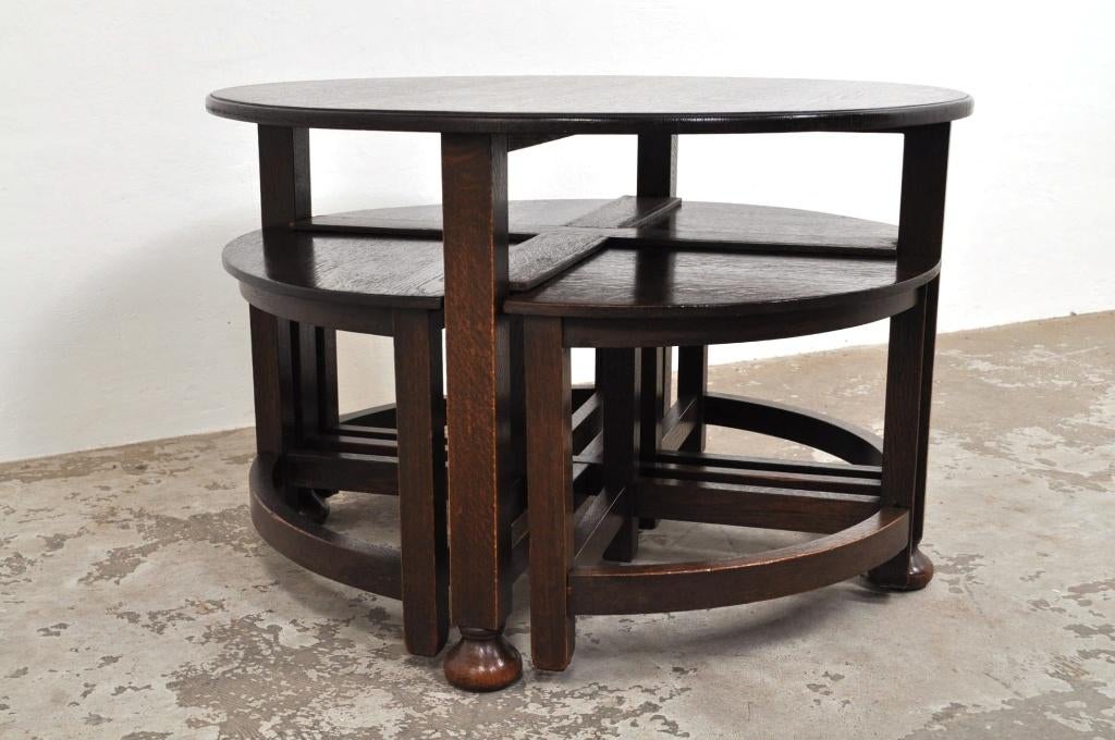 Antieke eiken salontafel 2-in-1 tafel 1920s UNIEK ITEM, Gebruikt, 50 tot 100 cm, 50 tot 75 cm, Rond