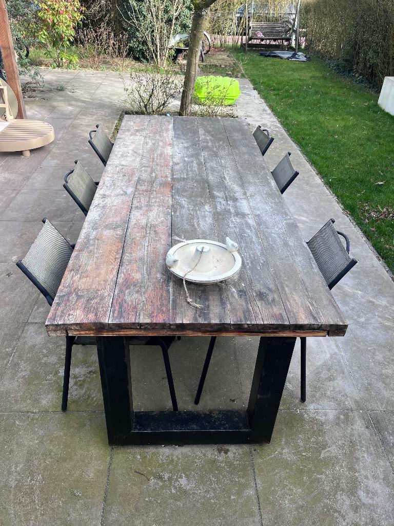 Leuke tuintafel hout met stalenpoten, Tuin en Terras, Ophalen, Gebruikt, Rechthoekig, Hout