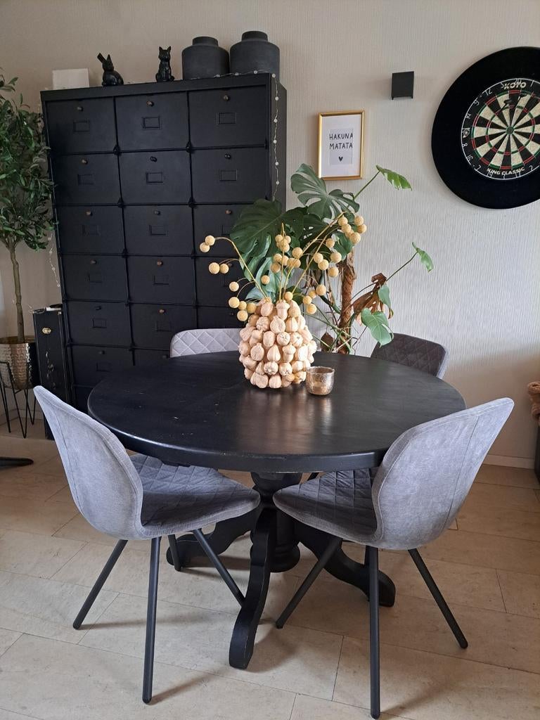 Ronde tafel bolpoot massief stevig met 4 stoelen, Ophalen, Gebruikt, Zwart, Vier