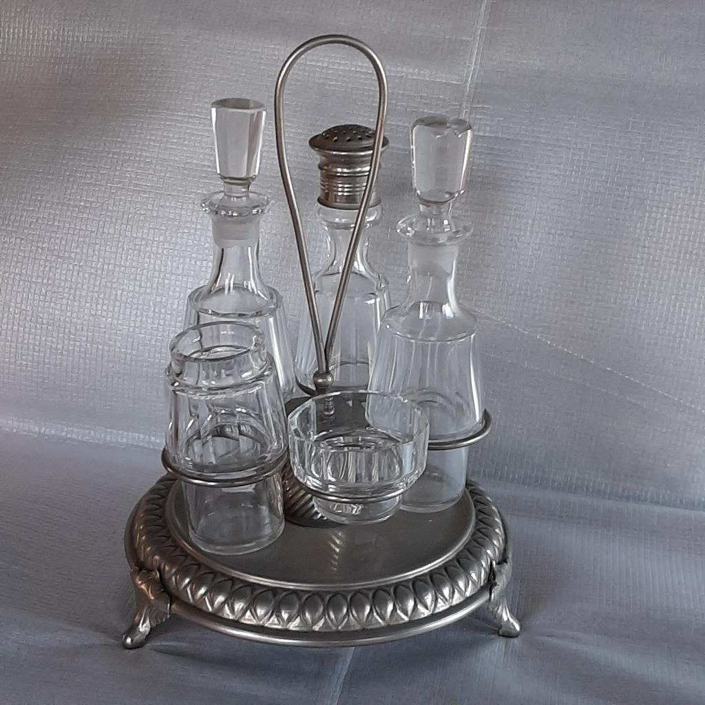 Vintage tafelstel olie, azijn, mosterd, peper en zout, Antiek en Kunst, Ophalen