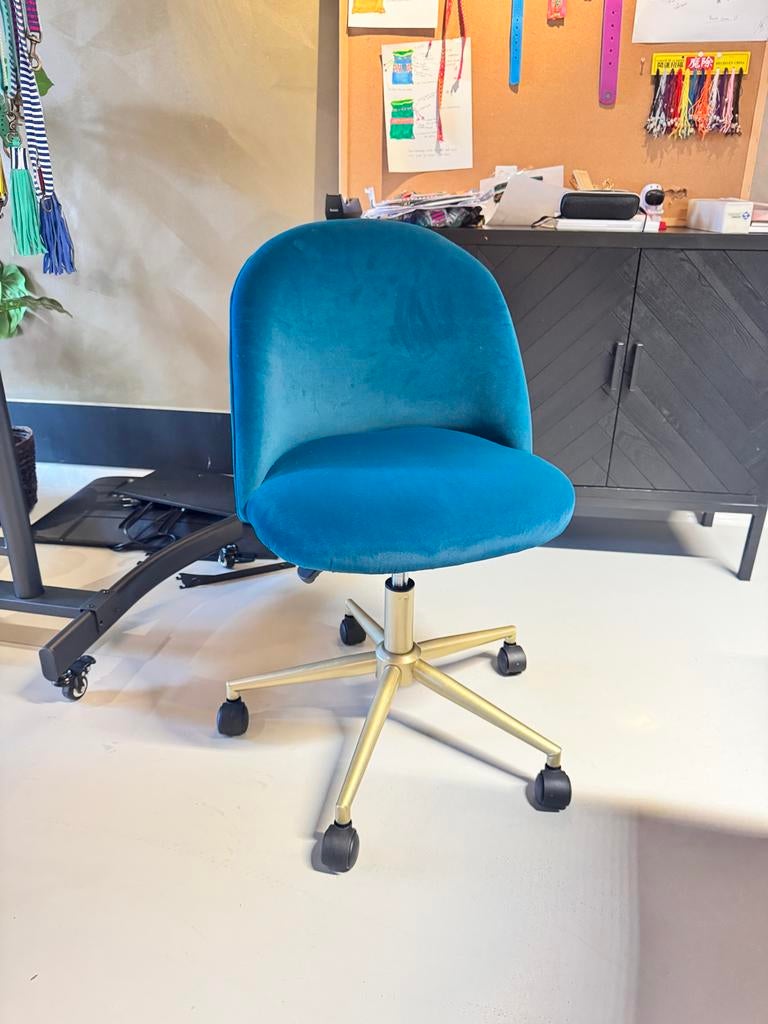 Velour bureaustoel petrol blauw, in hoogte verstelbaar, Ophalen of Verzenden, Gebruikt, Blauw, Bureaustoel