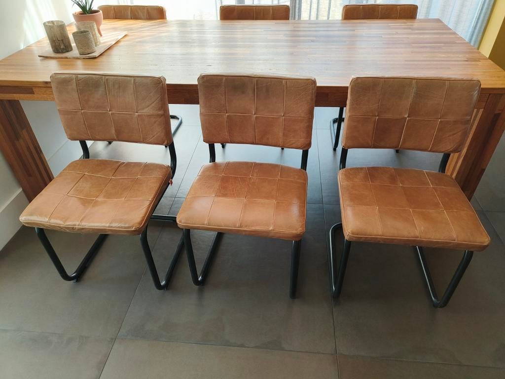 6 stoere Jess eettafelstoelen van buffelleer - bruin, Huis en Inrichting, Stoelen, Ophalen, Gebruikt, Bruin, Leer