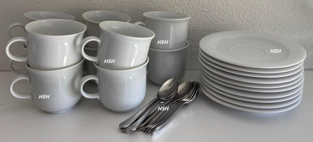 Set 10 kop en schotels + koffielepeltjes DE Douwe Egberts, Nieuw, Ophalen of Verzenden, Overige stijlen, Kop(pen) en/of Schotel(s)