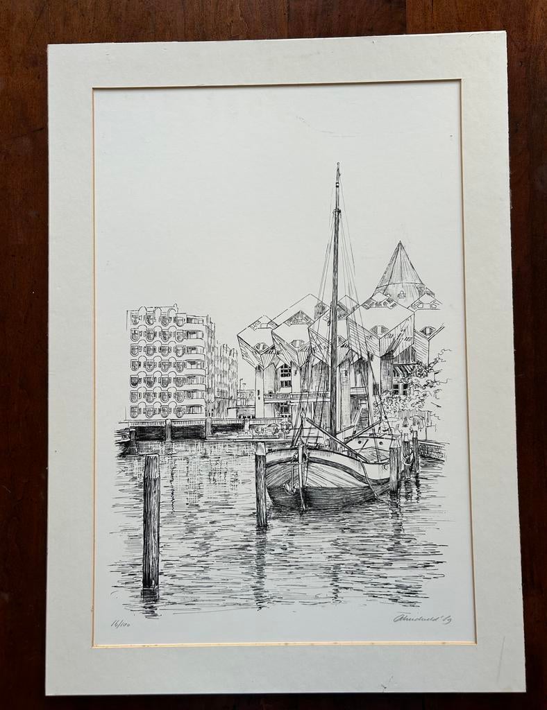 Gesigneerde en gelimiteerde litho van oude haven Rotterdam, Ophalen of Verzenden
