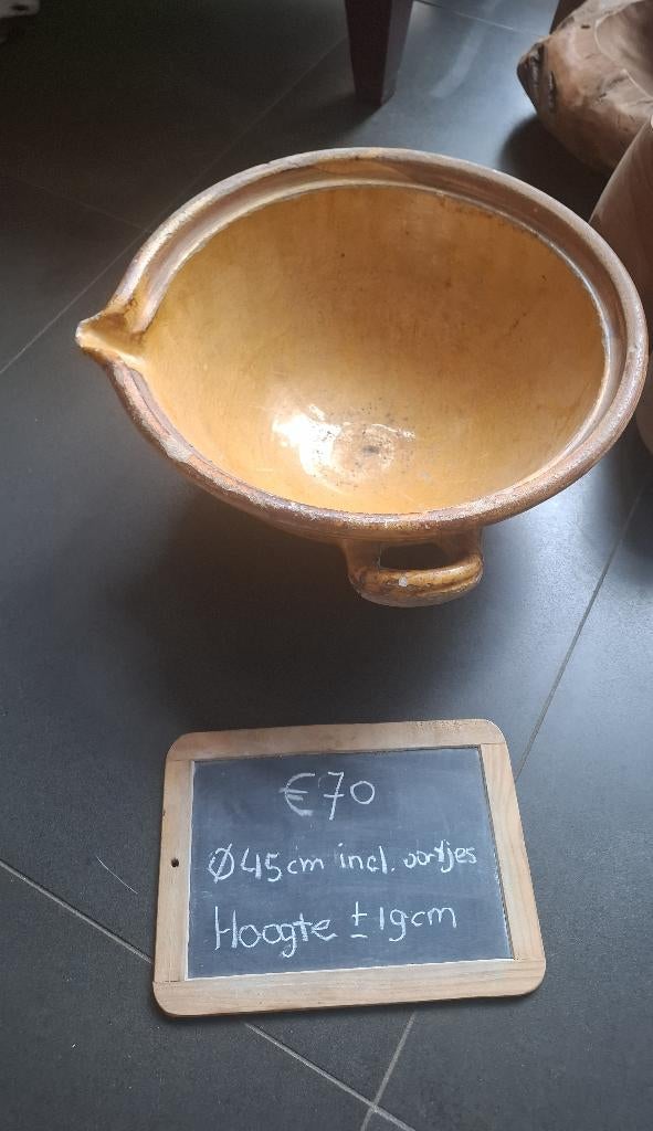 Hele grote antieke geglazuurde gresale afroomkom uit 1900, Ophalen