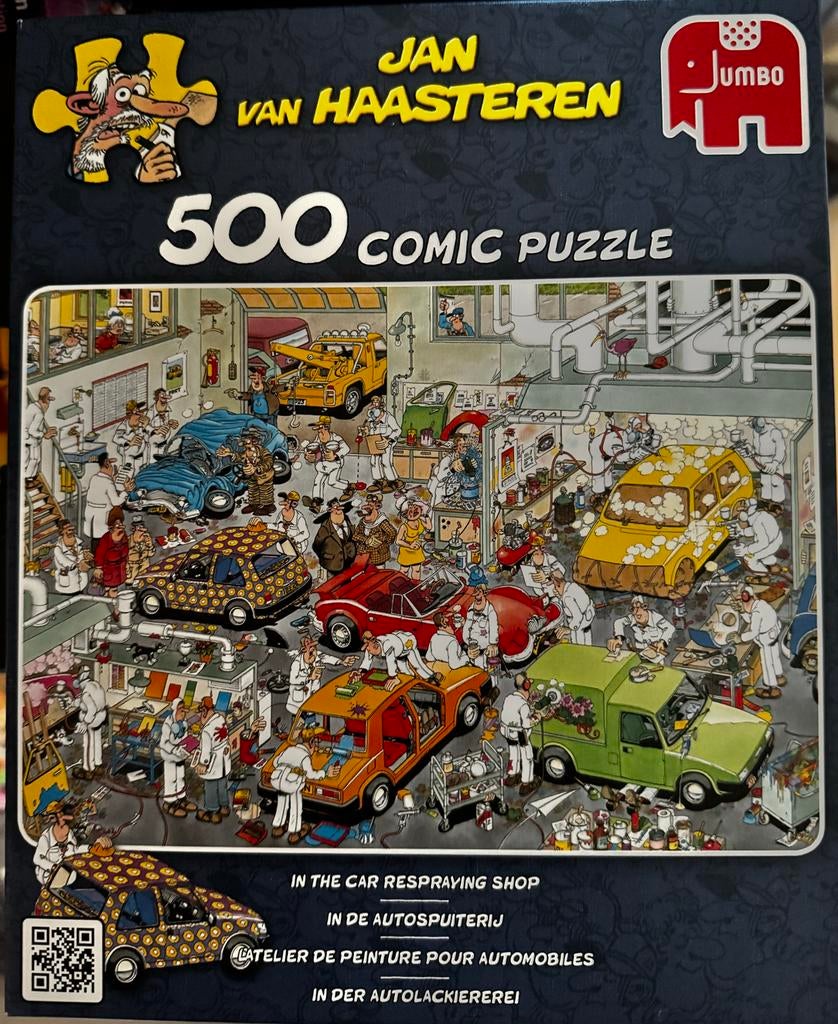 Jan van Haasteren 500 stukjes - In de Autospuiterij, Ophalen of Verzenden, Meer dan 50 stukjes, Gebruikt, 6 jaar of ouder