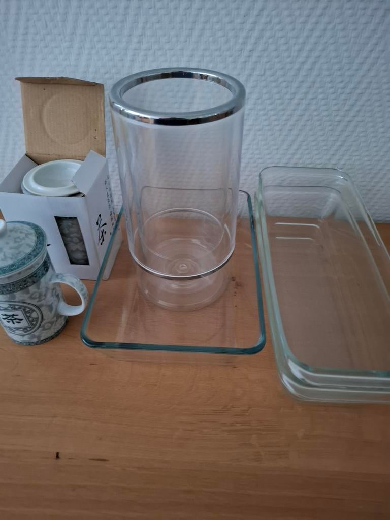Wijnkoeler, Cakevorm Glas, Ovenschaal, Theemok met deksel, Gebruikt, Ophalen of Verzenden, Overige stijlen, Glas