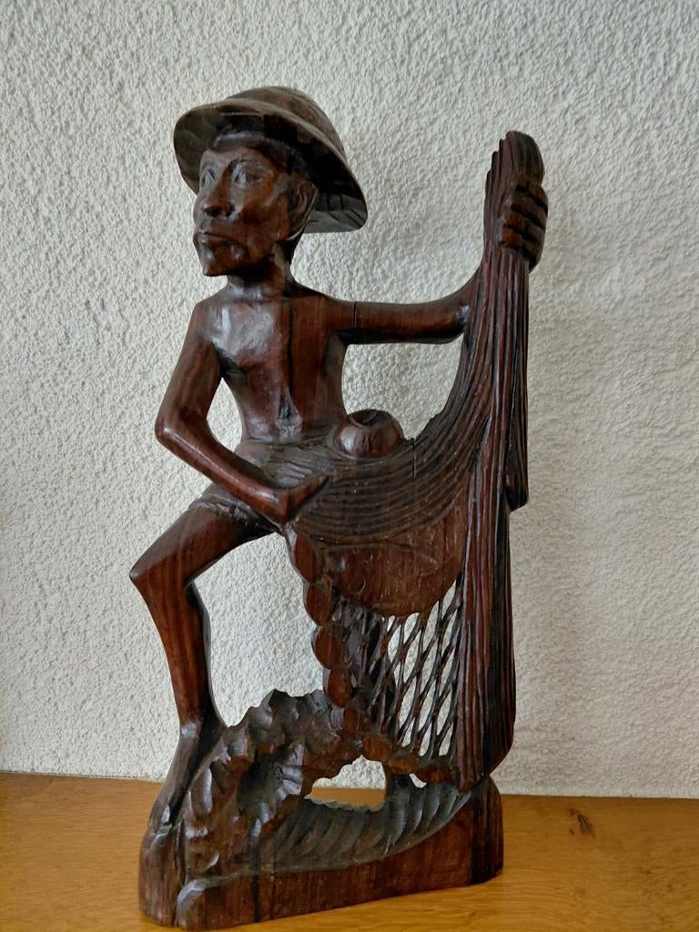 Houten beeldje visser met net, Antiek en Kunst, Ophalen of Verzenden