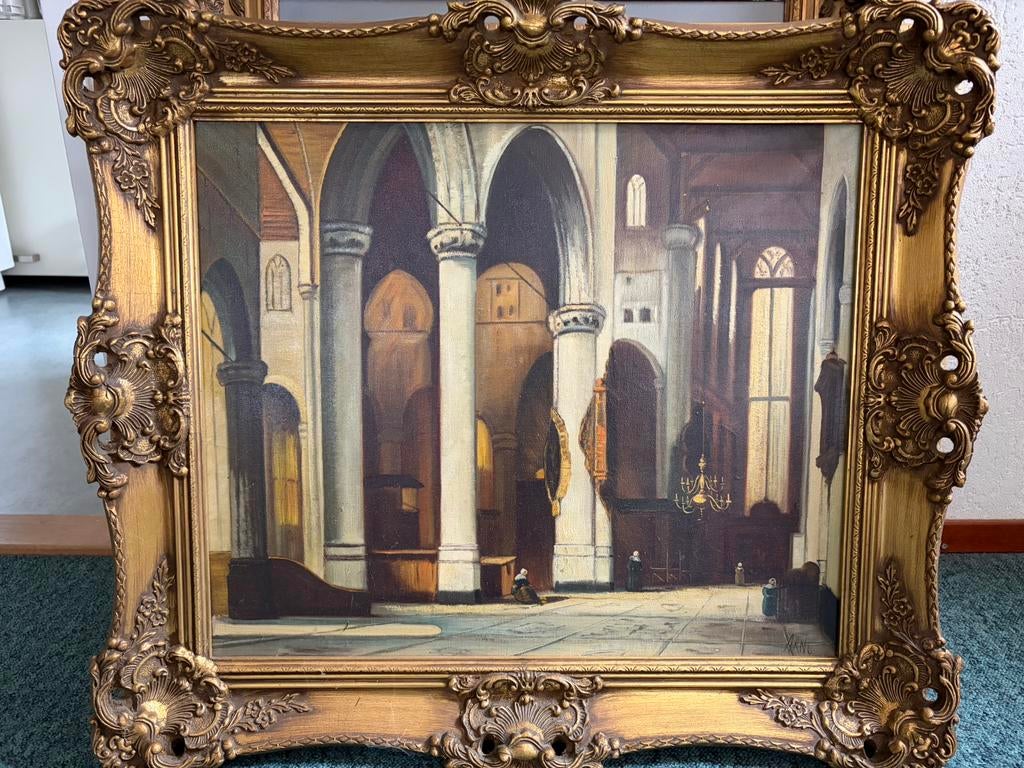 Prachtig olieverfschilderij kerkinrichting, Antiek en Kunst, Kunst | Schilderijen | Klassiek, Ophalen of Verzenden