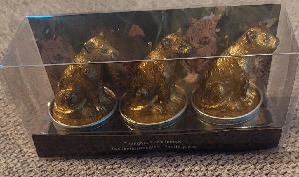 Set van 3 goudkleurige  luipaard theelichtjes, Ophalen of Verzenden, Nieuw, Overige materialen, Minder dan 25 cm