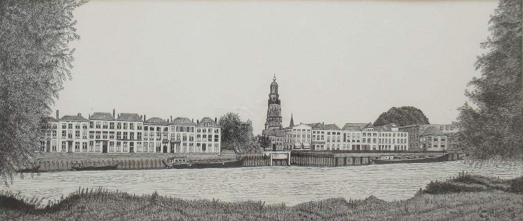 C. Huisman: Zicht over de IJssel op Zutphen, pentekening, Antiek en Kunst, Ophalen of Verzenden