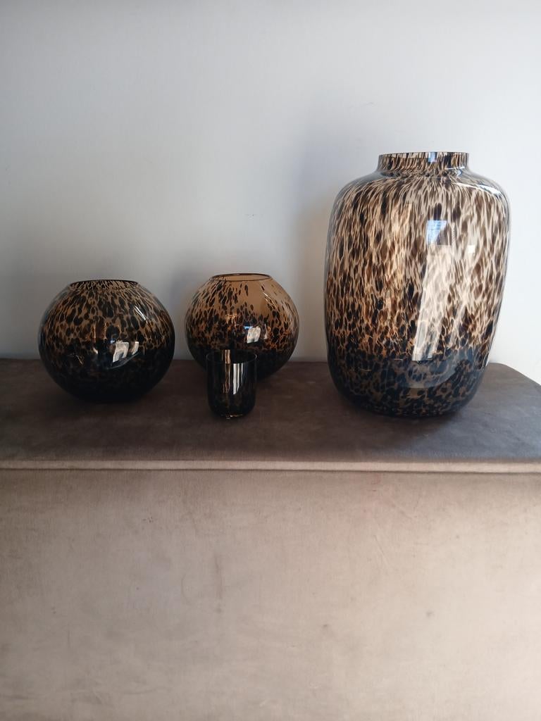 Set van 4 Panterprint Vazen - Glas, Huis en Inrichting, Woonaccessoires | Vazen, Ophalen, Overige kleuren, Glas, Minder dan 50 cm