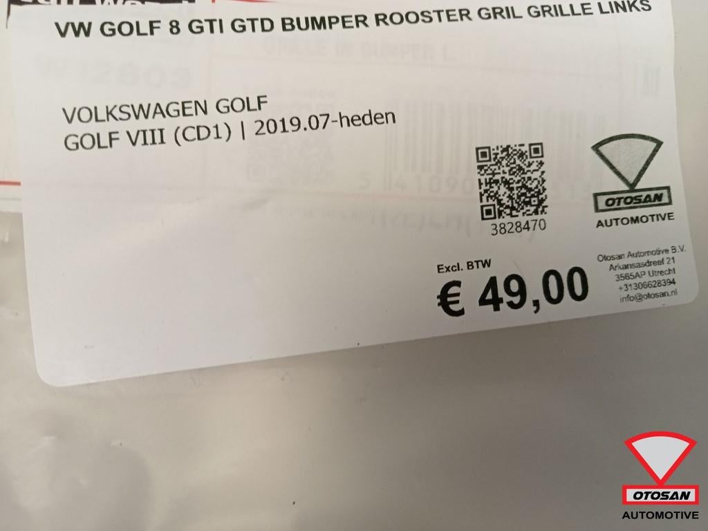 Vw golf 8 Gti GTD bumper rooster gril grille links, Gebruikt, Volkswagen, Volkswagen AG, Bumper