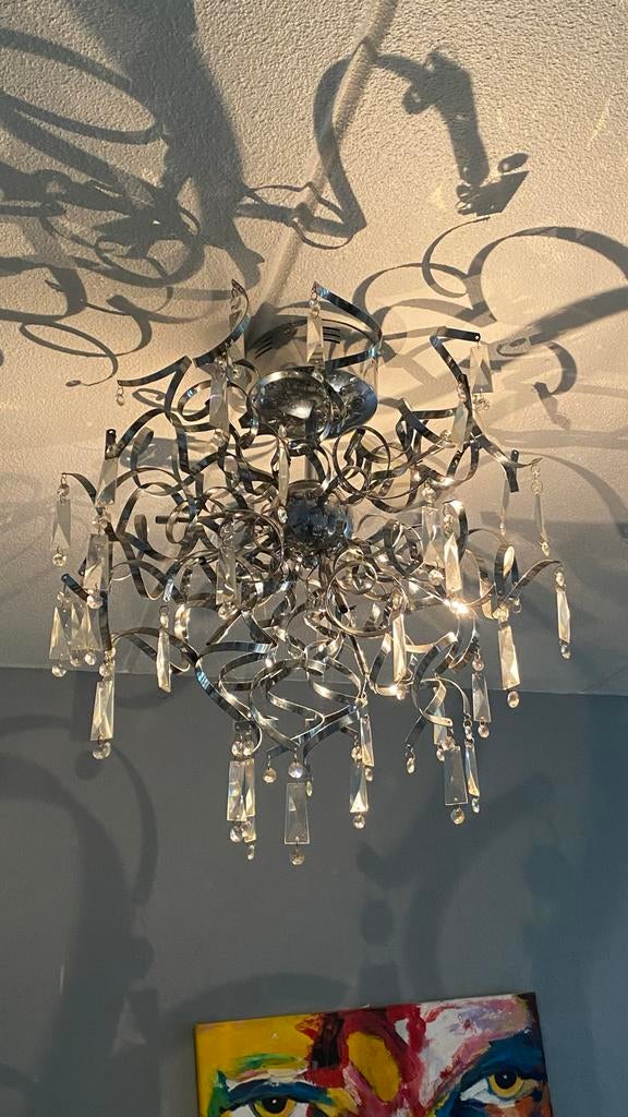 Moderne Chrome Kroonluchter met Kristallen, Ophalen of Verzenden, Zo goed als nieuw, Metaal