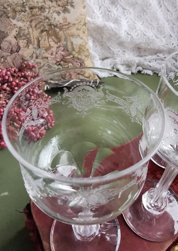 Antieke glazen 4x, tulp vorm kristal 16,5H geëtst Miekje, Verzamelen, Glas en Borrelglaasjes, Ophalen of Verzenden, ., ., .