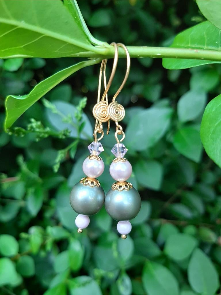 Oorbellen Freya swarovski parels-kristal goud, Hangers, Nieuw, Groen, Goud