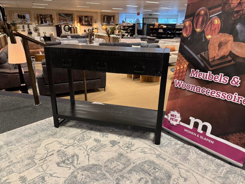 Sidetable Zwart mango/Staal 120cm 3-lades Direct/Leverbaar, Huis en Inrichting, Tafels | Sidetables, 100 tot 150 cm, Nieuw, Mwonenenslapen