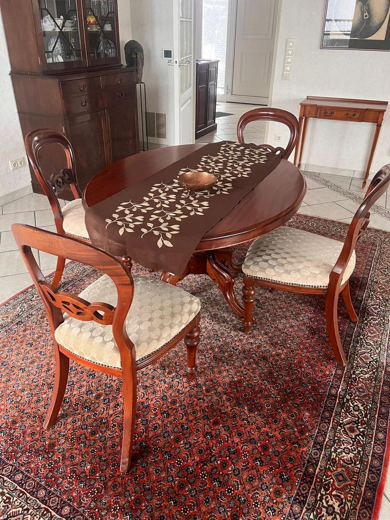 Antieke mahonie eettafel ovaal met 6 stoelen, Ophalen, Gebruikt, 100 tot 150 cm, Vijf personen of meer