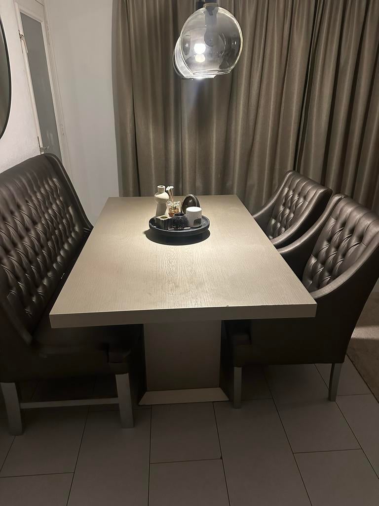 Eettafel met stoelen en salontafel, Gebruikt, 100 tot 150 cm, Eikenhout, Ophalen of Verzenden