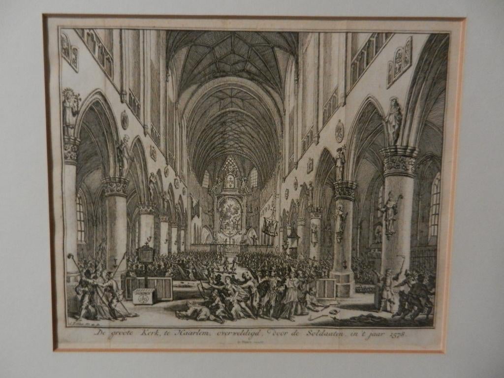 Gravure Groote Kerk Haarlem overweldigd in 1578 Fokke/Tirion, Ophalen of Verzenden