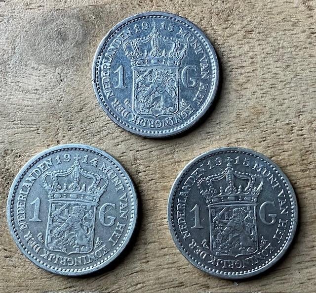 Gulden 1913, 1914 en 1915 Wilhelmina, Postzegels en Munten, Munten | Nederland, Ophalen, 1 gulden, Setje, Zilver