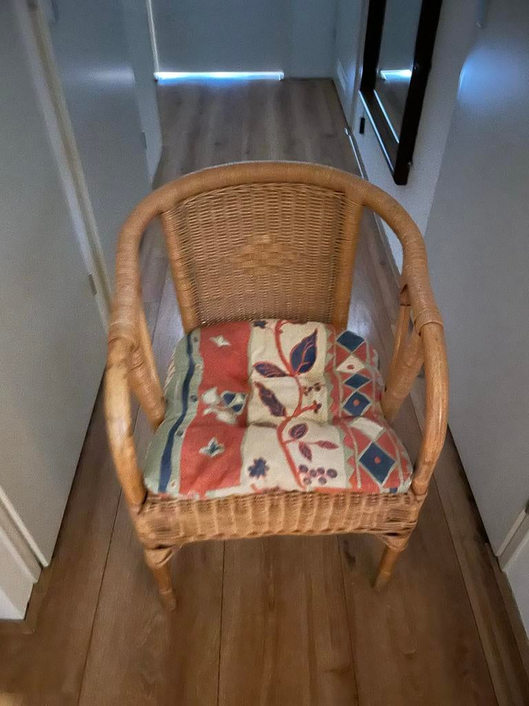 4 Nette rieten stoelen met kussens, Ophalen, Gebruikt, Bruin, Riet of Rotan