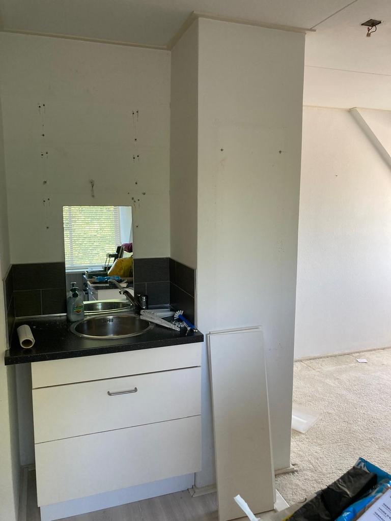 IKEA  keuken met 3 lade kasten, ijskast en spoelbak en lades, Ophalen, Gebruikt, Wit, Enkelwandige keuken