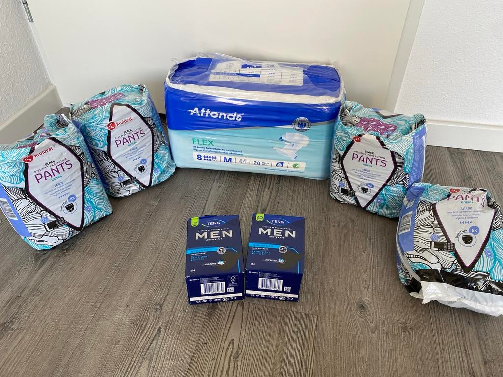 Incontinentiemateriaal pakket: Attends, TENA men, Kruitdvat, Diversen, Ophalen, Nieuw