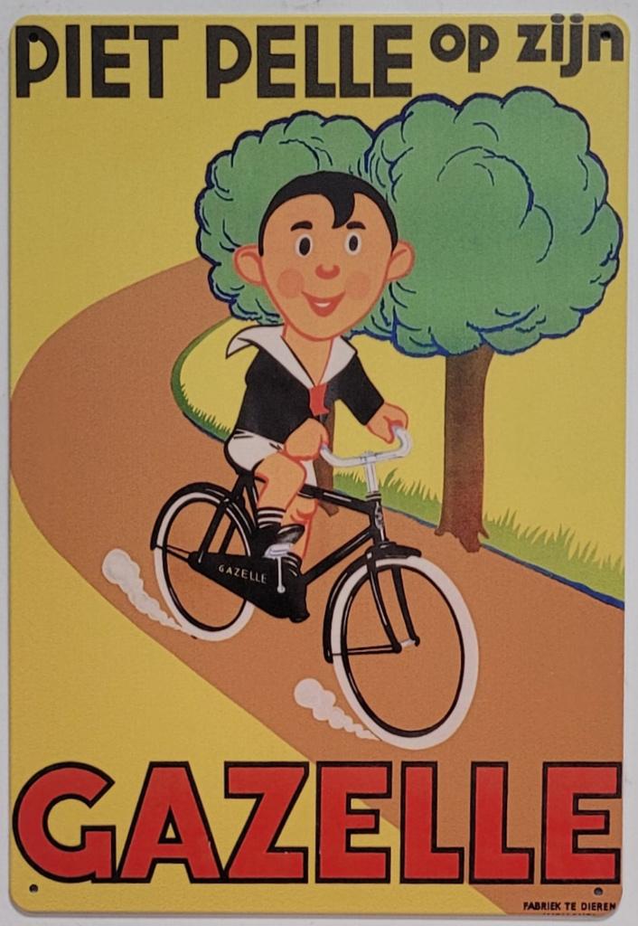 Piet Pelle op zijn Gazelle reclamebord van metaal wandbord
