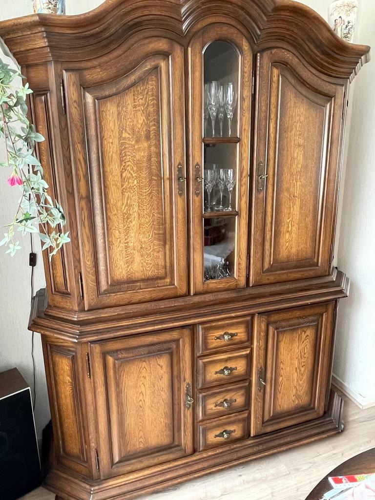 Eiken Houten buffetkast met glas en lades, Gebruikt, 100 tot 150 cm, Ophalen of Verzenden, Met lade(s)