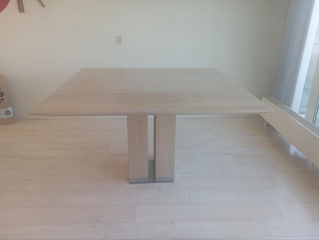 Zware eiken design eettafel + 4 leren stoelen, 100 tot 150 cm, Eikenhout, Ophalen of Verzenden, Zo goed als nieuw