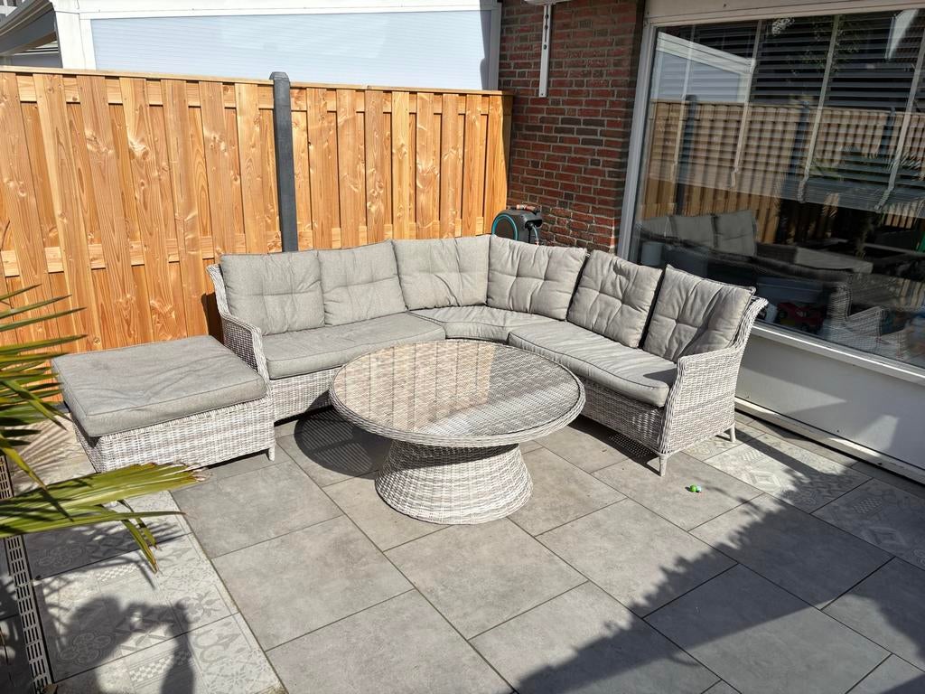 5-delige Tuinset - Hoekbank met tafel en hocker, 5 zitplaatsen, Gebruikt, Ophalen of Verzenden, Loungeset