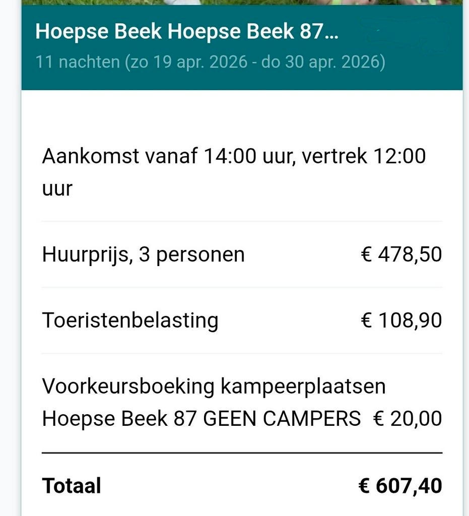 Kampeerplek camping Geversduin Castricum 19 tm 30 april., Ophalen