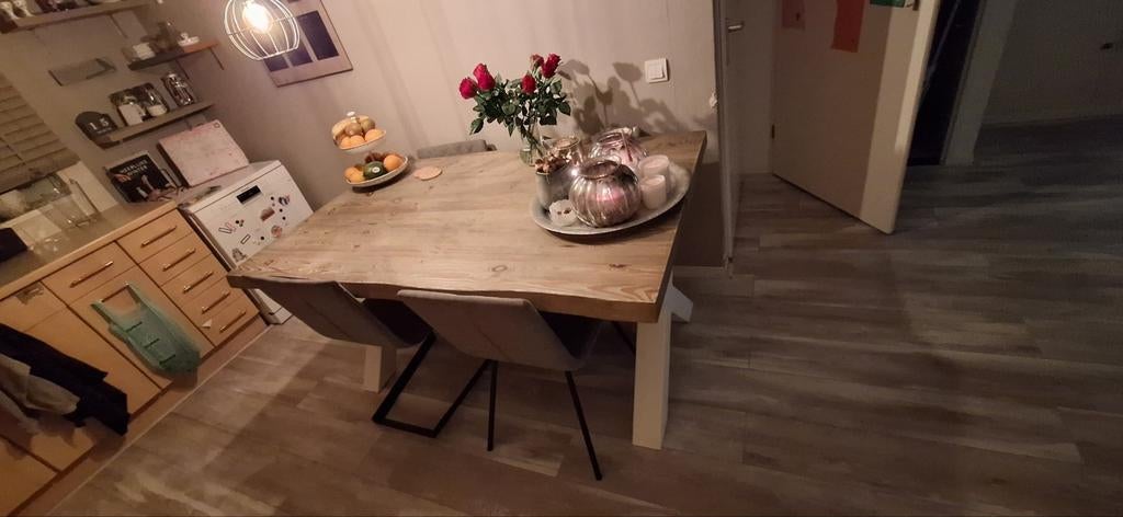 Tafel hout met witte metalen poot 160cm, Huis en Inrichting, Tafels | Eettafels, Gebruikt, Ophalen