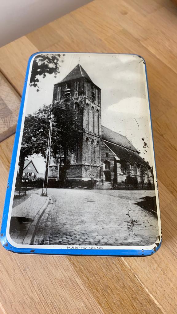 Dalfsen blauw koekjesblik - Den Berg, De Vecht, Kasteel Dal, Verzamelen, Blikken, Ophalen of Verzenden, Overige