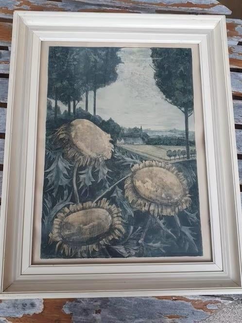 A.G. Dieperink kleuren ets zonnebloemen met landschap, Antiek en Kunst, Kunst | Etsen en Gravures, Ophalen