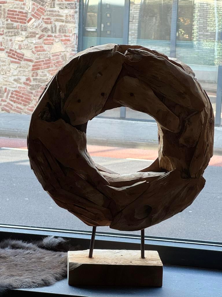 Decoratieve Teakhouten Ring op Sokkel - Brocante Stijl, Ophalen of Verzenden