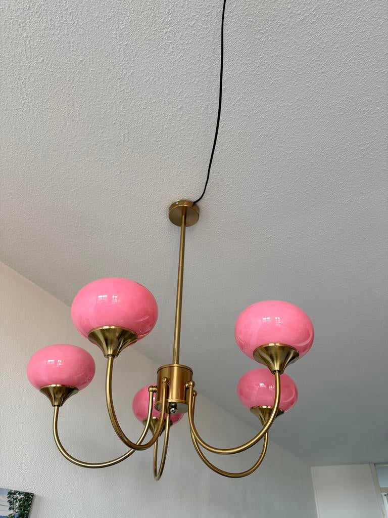Vintage Kroonluchter met Roze Glazen Bollen, Ophalen of Verzenden, Nieuw, Glas, 75 cm of meer
