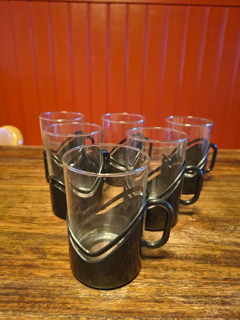 Retro Jaren 70 Theeglazen space age zwart- 6 Stuks, Ophalen of Verzenden, Zo goed als nieuw