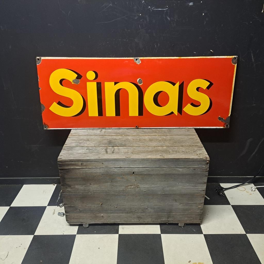 Sinas emaille bord "langcat" Bussum, Verzamelen, Merken en Reclamevoorwerpen, Gebruikt, Reclamebord, Ophalen